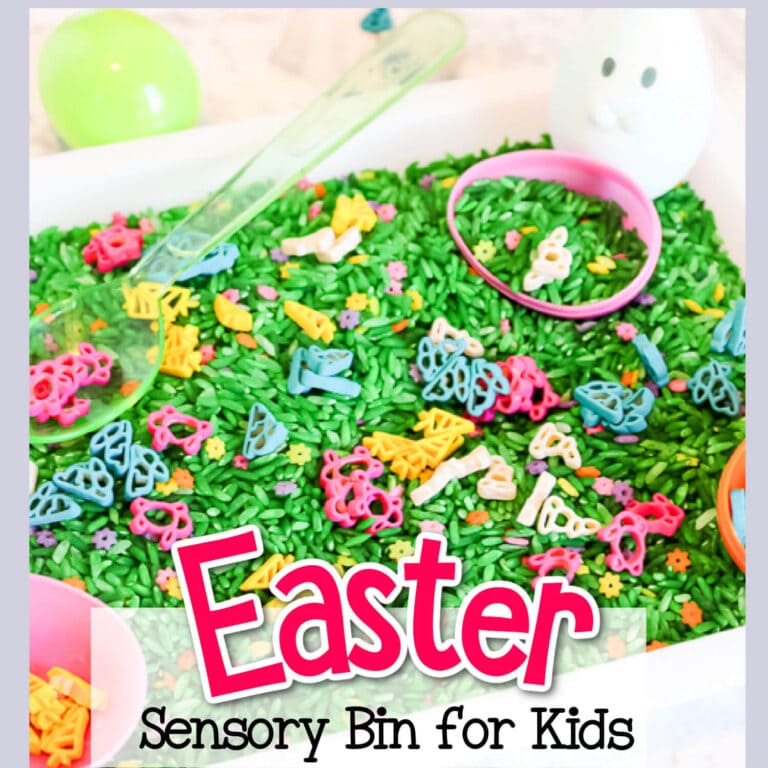 an easter sensory bin made with green rice, colorful bunny pasta, and plastic easter eggs.