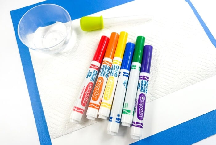 Magic Rainbow Science Experiment for Kids 14 overhead photo of the supplies for a rainbow marker stem experiment.