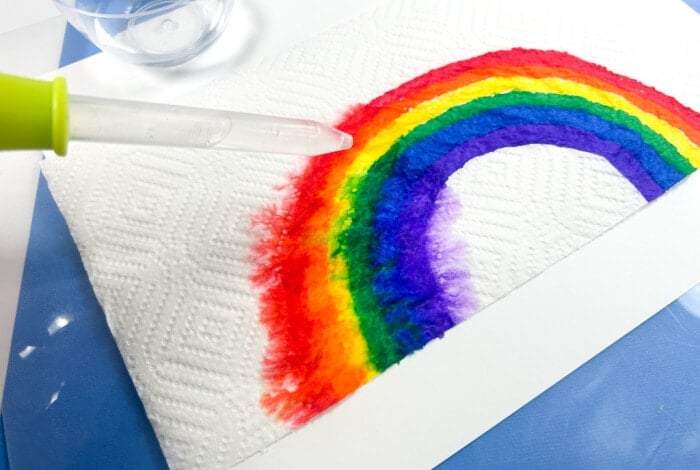 Magic Rainbow Science Experiment for Kids 17 someone is using a pipette to drop water on a paper towel with a rainbow drawn on it.