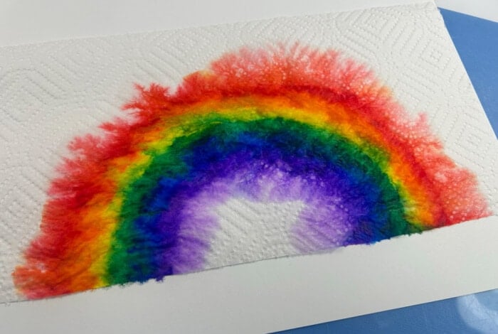 Magic Rainbow Science Experiment for Kids 18 overhead view showing a wet paper towel with a rainbow drawn on it.