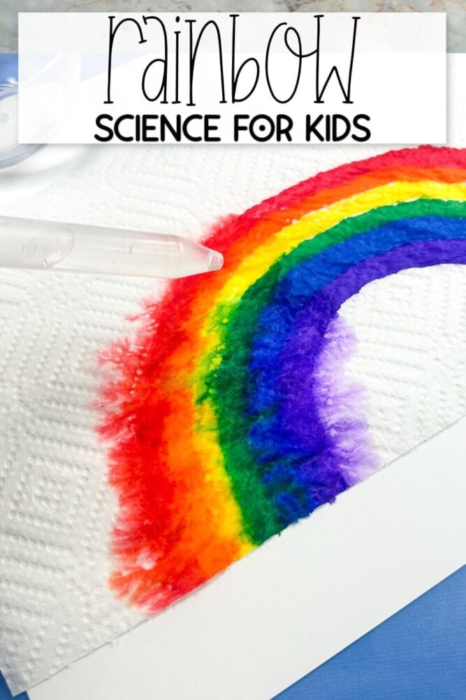 someone is using a pipette to drop water on a rainbow drawing.