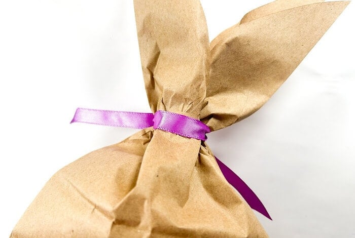 Easy & Adorable Easter Bunny Paper Bag Craft 15 the ears of the paper bag bunny are tied together with a purple ribbon.