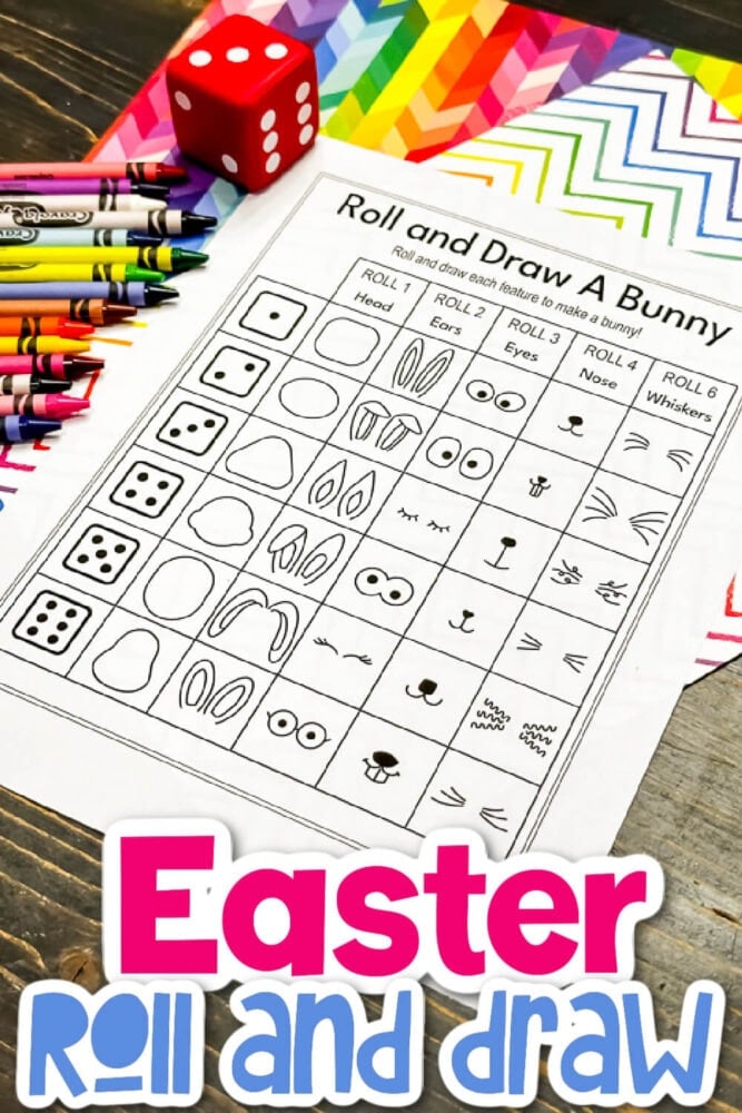 free printable "roll & draw a bunny" page next to crayons.