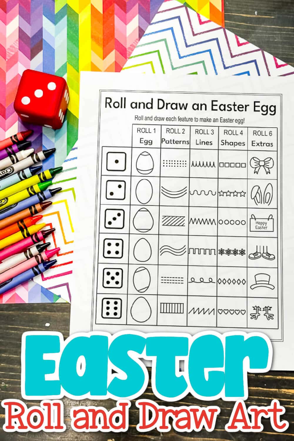 Easter Roll and Draw Art Activity for Kids 11 overhead shot of a printable activity to roll & draw an easter egg.