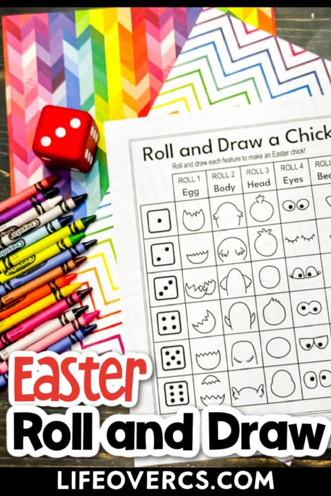 overhead view of a "roll & draw a chick" free printable.