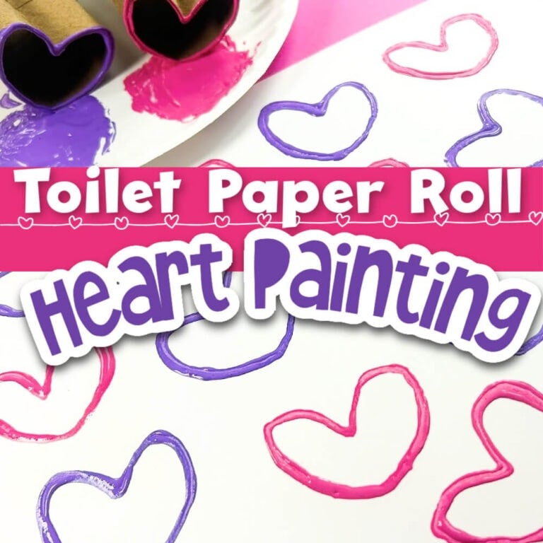 a valentine heart painting made with toilet paper rolls dipped in purple and pink paint.