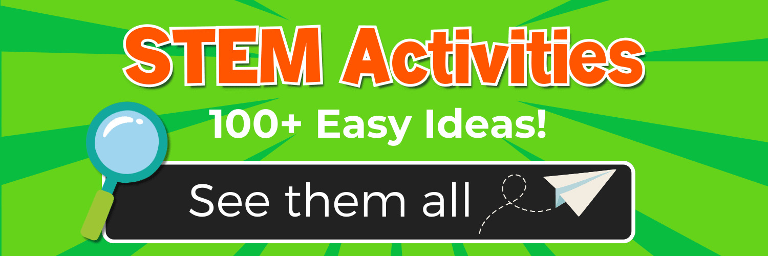 text says [STEM activities 100+ easy ideas! see them all] with a black button on a green horizontal banner