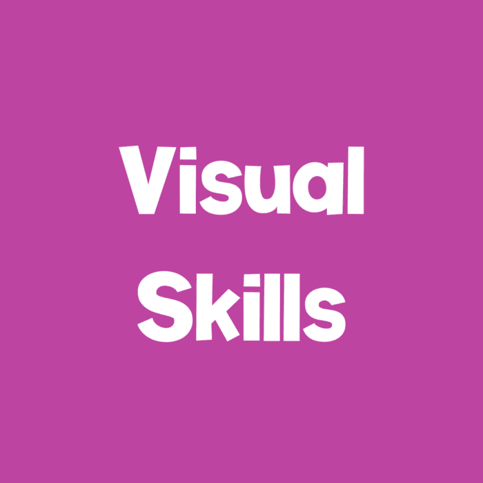 a purple sign with white text that says [visual skills]