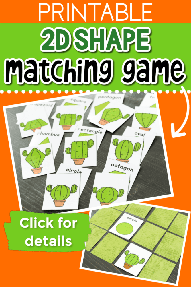 two images of a cactus themed shapes matching game for kids.
