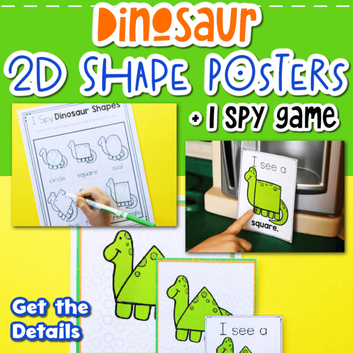 photo collage showing dinosaur themed shape posters and i spy game.