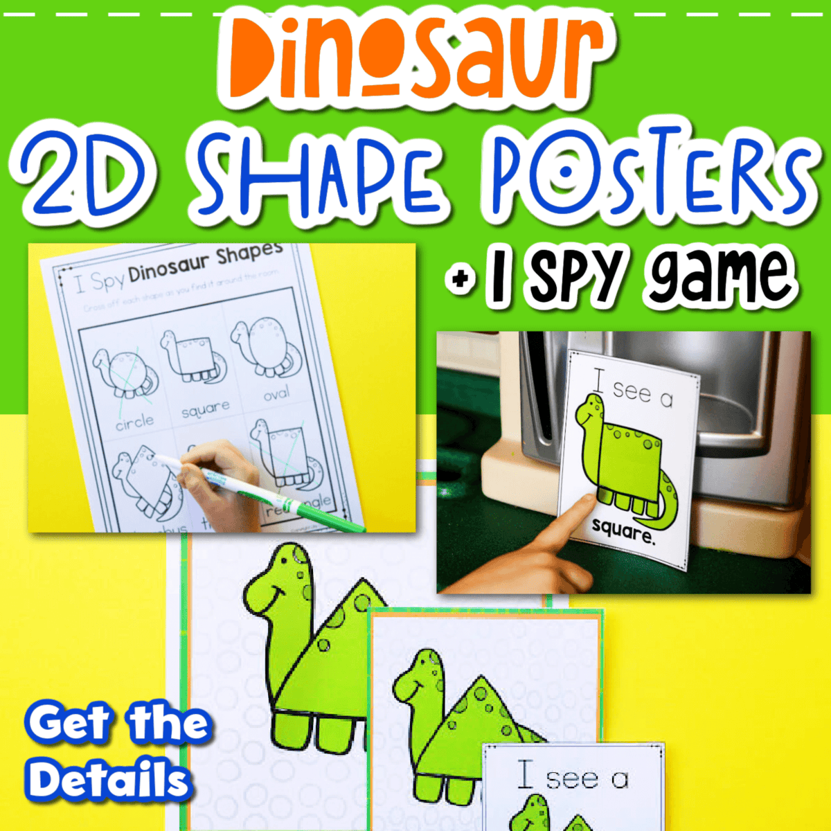 photo collage showing dinosaur themed shape posters and i spy game.