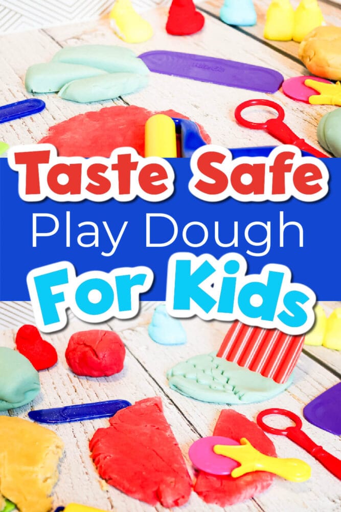 photo collage of colorful taste-safe play dough.