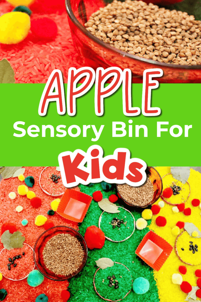 two photos of an apple sensory bin made with dyed rice.