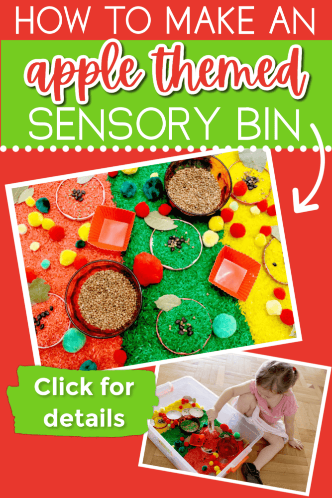 photo collage of an apple sensory bin made with yellow, red, and green rice.