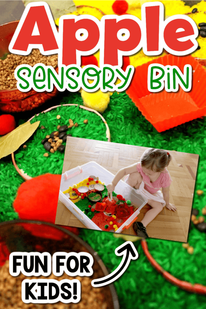 background photo of ingredients in an apple sensory bin and a smaller overlaid photo of a little girl playing with the sensory bin.