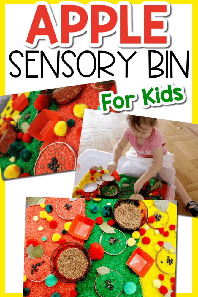photo collage showing the ingredients in an apple sensory bin and a child playing with it.