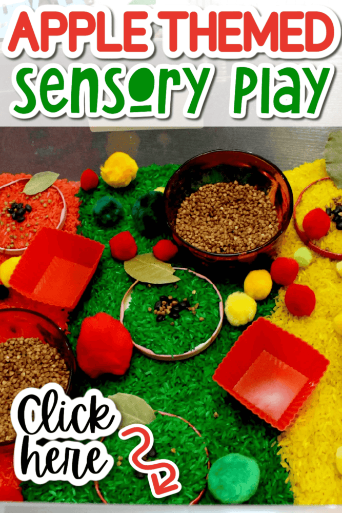 red rice, yellow rice, green rice, pom poms, & bowls are in an apple sensory bin.