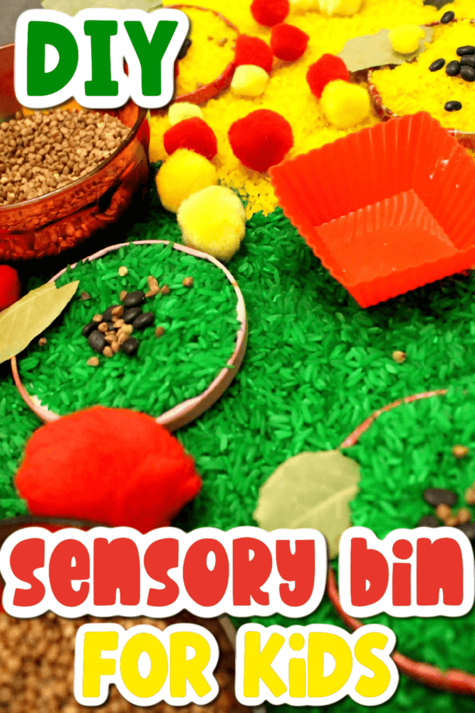 close up image of green dyed rice, bowls, and pom poms in an apple sensory bin.