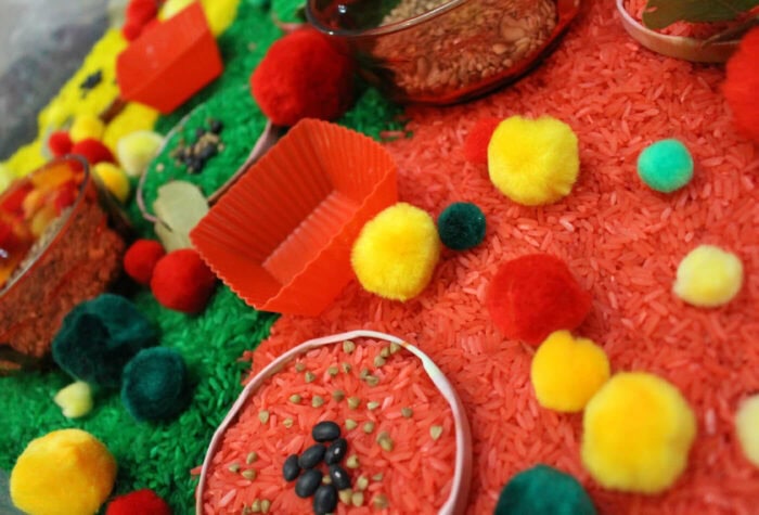 bowls of rice and pom poms in an apple sensory bin.