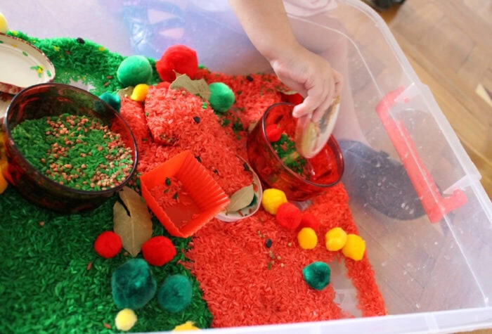 overhead view of all the items inside an apple sensory bin.