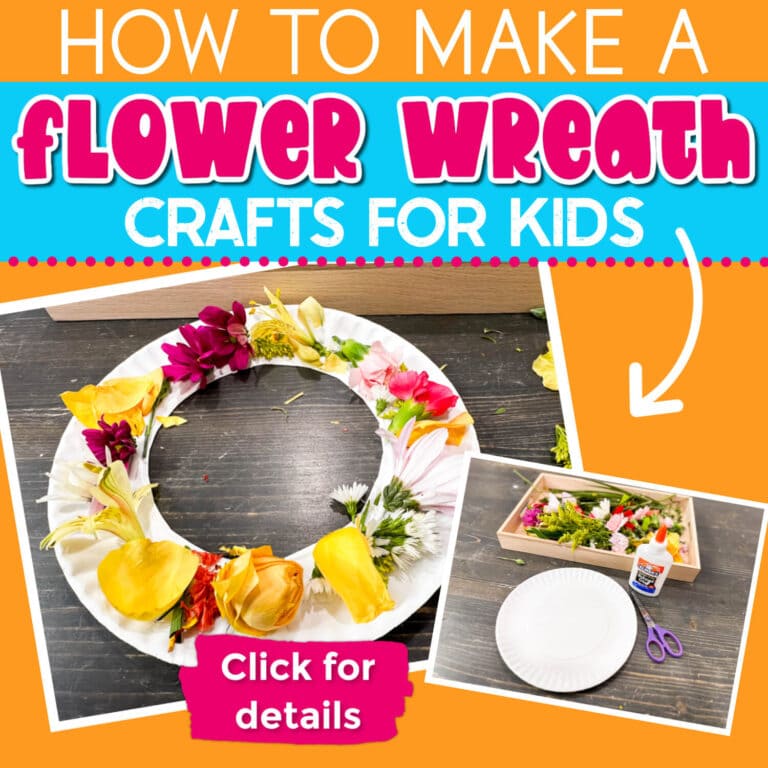 photo collage showing how to make a flower wreath craft for kids.