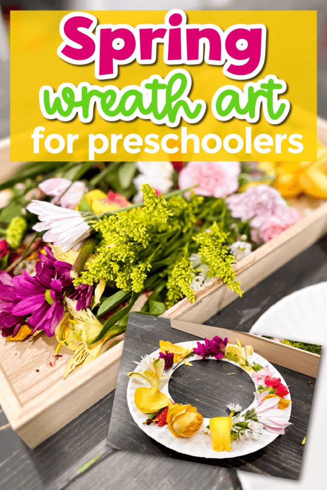 a flower paper plate wreath craft is sitting next to a wooden tray full of flowers.