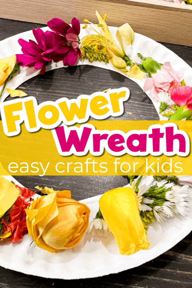 up close photo showing a spring wreath made with flowers and a paper plate.