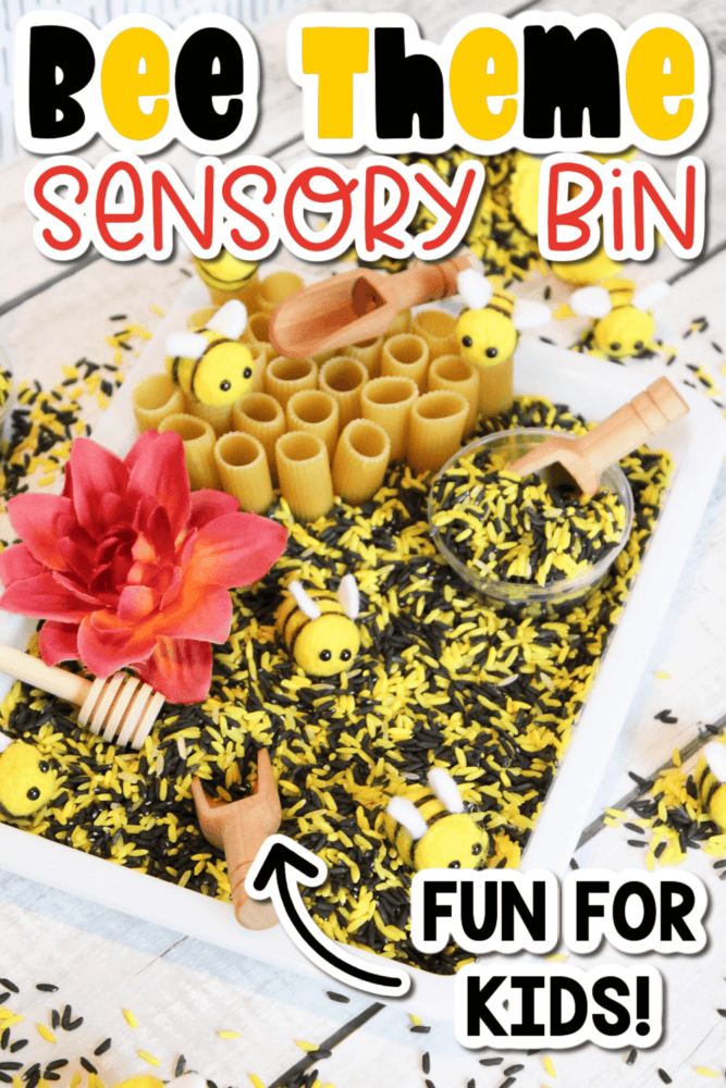 overhead shot of a honey bee theme sensory bin made with black and yellow rice.