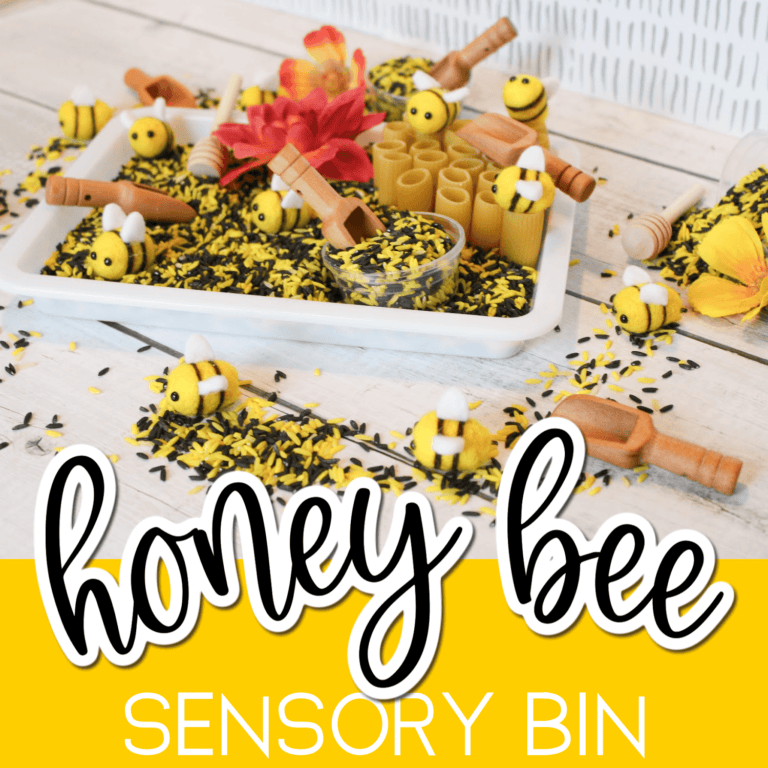 a honey bee sensory bin made with black and yellow rice.