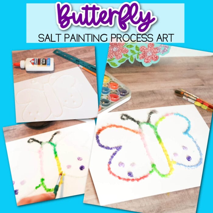 photo collage showing how to make a colorful butterfly salt painting.