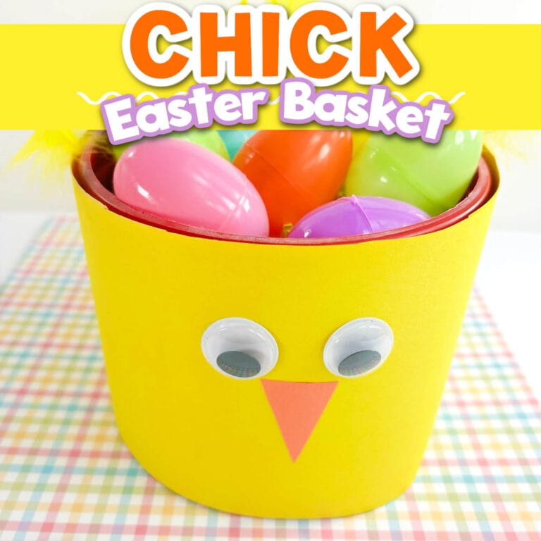 handmade hick easter basket craft with colorful easter eggs inside.