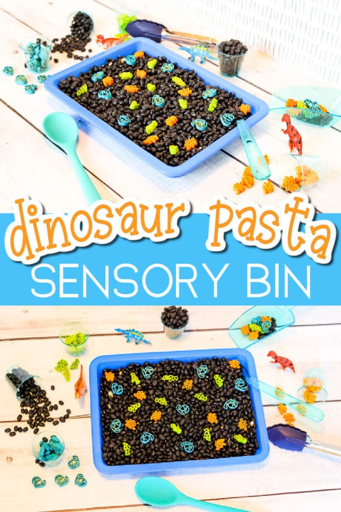 a sensory bin made with painted dinosaur-shaped pasta.