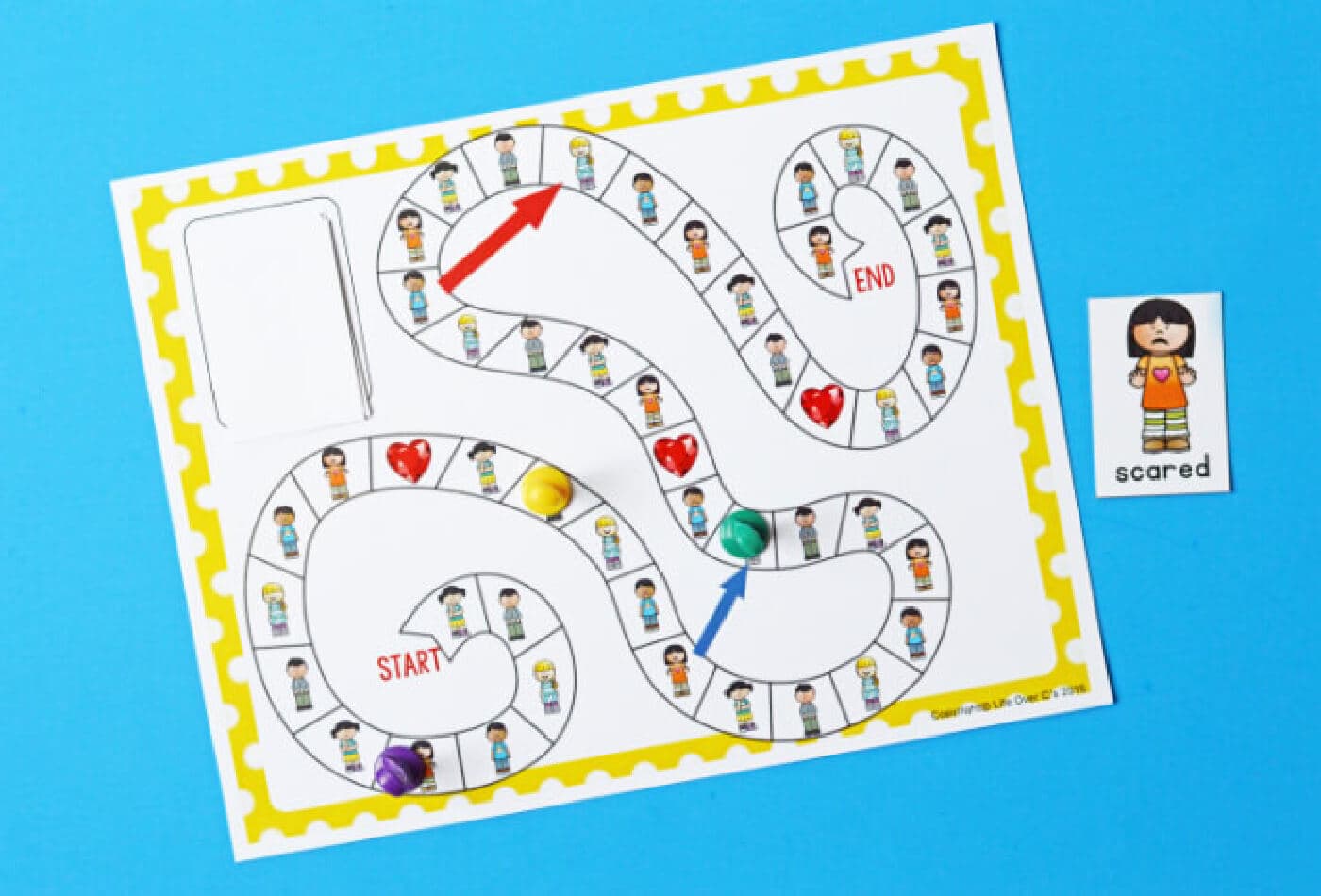 overhead view of a free printable emotions board game.