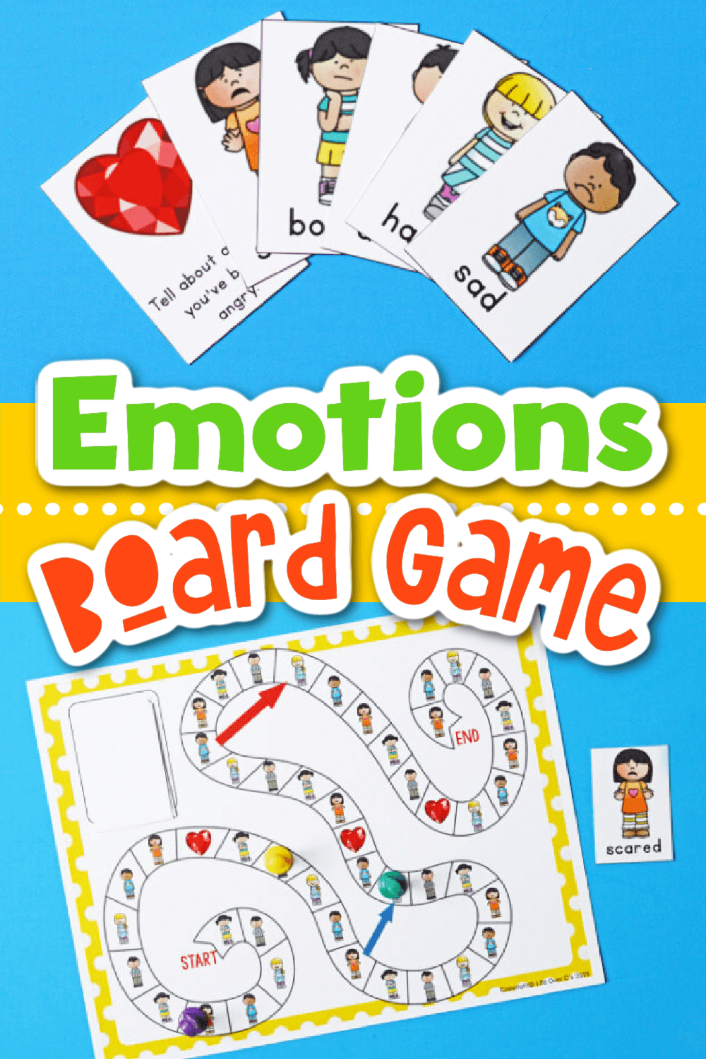 photo collage showing a printable emotions board game for kids.