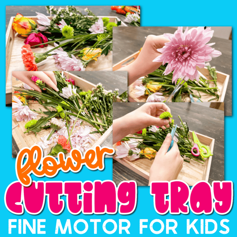 photo collage of a fine motor flower cutting tray for kids.