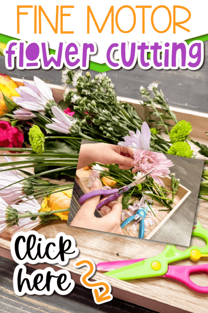 two photos showing a cutting flowers fine motor activity.