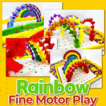 photo collage showing a fine motor activity using rainbow colored pipe cleaners, beads, and a small pegboard.