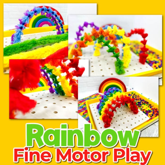 photo collage showing a fine motor activity using rainbow colored pipe cleaners, beads, and a small pegboard.