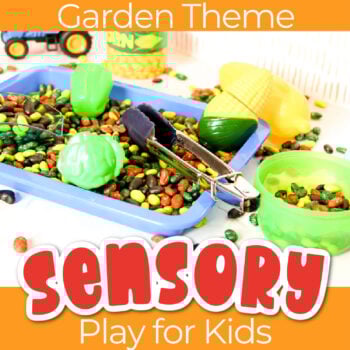 a sensory bin made with painted beans for garden theme sensory play