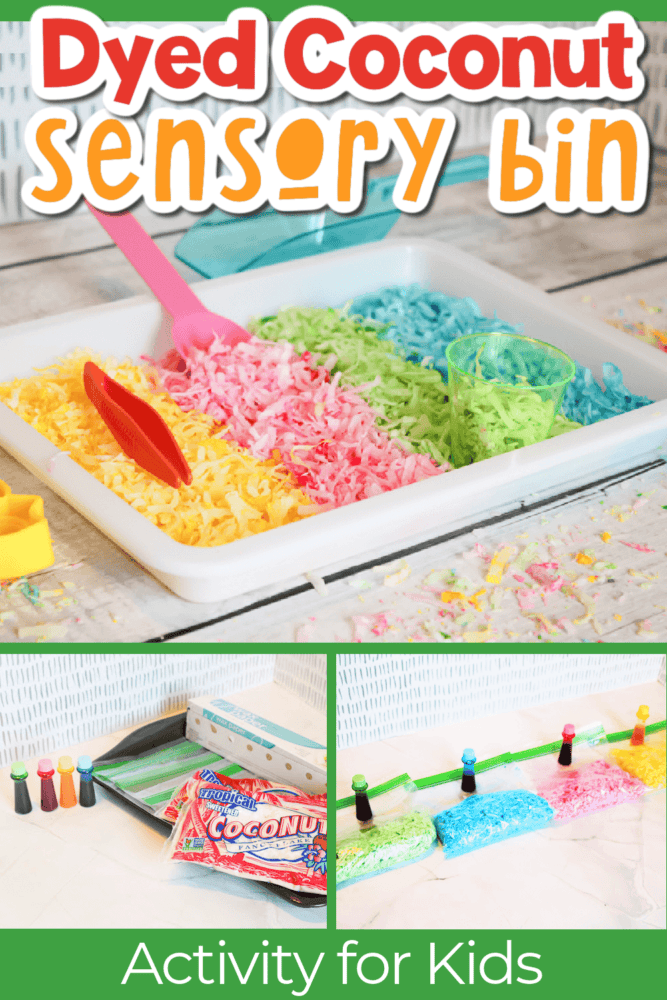 photo collage showing how to make a sensory bin with dyed coconut flakes.
