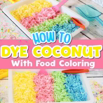 two photos of colorful dyed coconut flakes in a sensory bin.