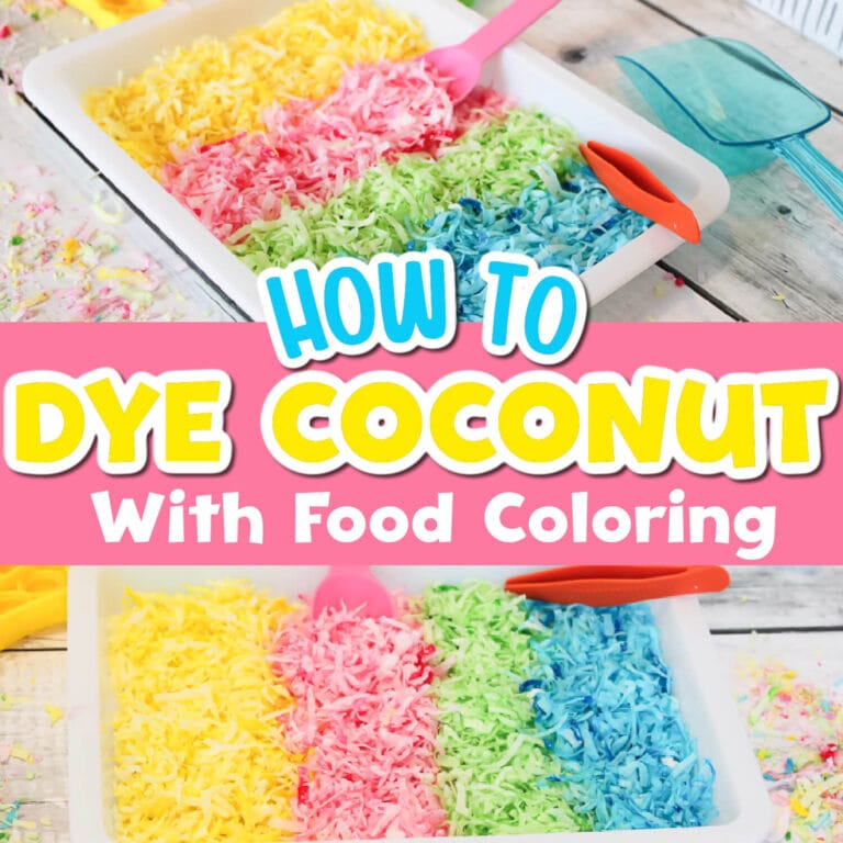 two photos of colorful dyed coconut flakes in a sensory bin.