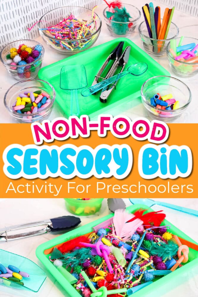 two photos of a sensory bin made with colorful non-food items.