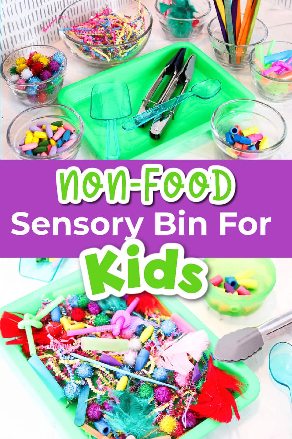 two images of a non-food sensory bin for kids. 
