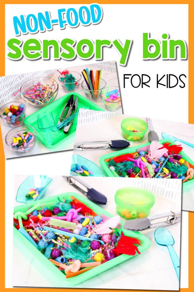 three photos showing how to make a non-food sensory bin for kids.