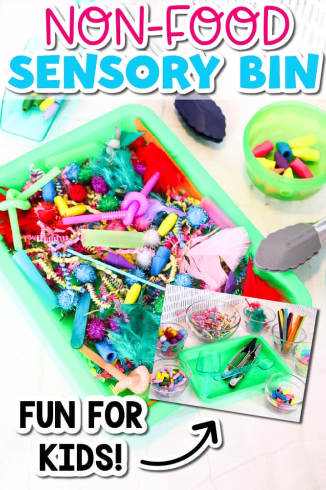 one photo of supplies to make a non-food sensory bin and one photo of a finished sensory bin with non-food items.