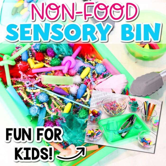 photos of a colorful non-food sensory bin for kids.