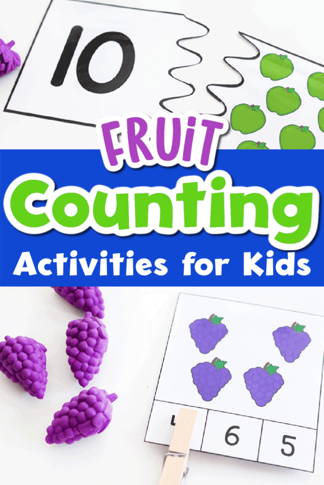 a photo of a fruit theme counting puzzle for the number 10 and a photo of a fruit theme clip card for the number 4.