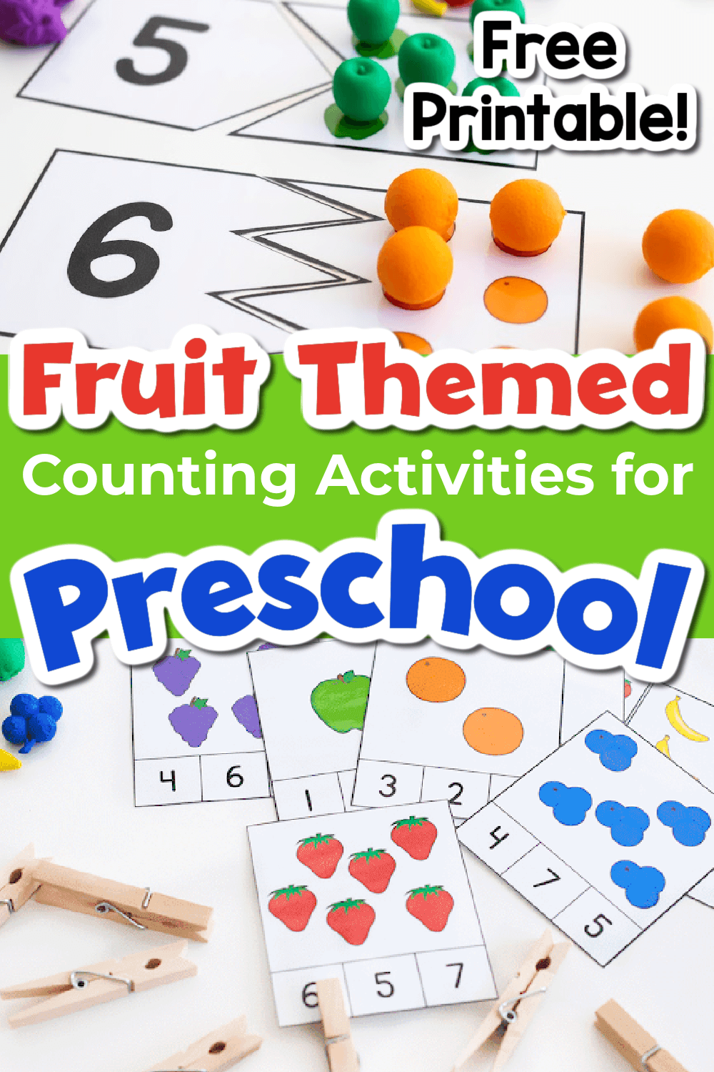 photo collage showing fruit themed counting cards and fruit themed clip cards.