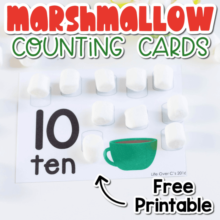 overhead view of a marshmallow theme counting card for the number 10.